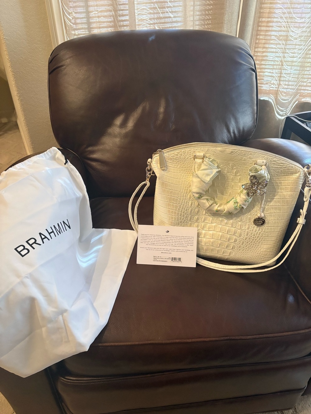 Large Brahmin Cream Croc-Embossed Duxbury Satchel